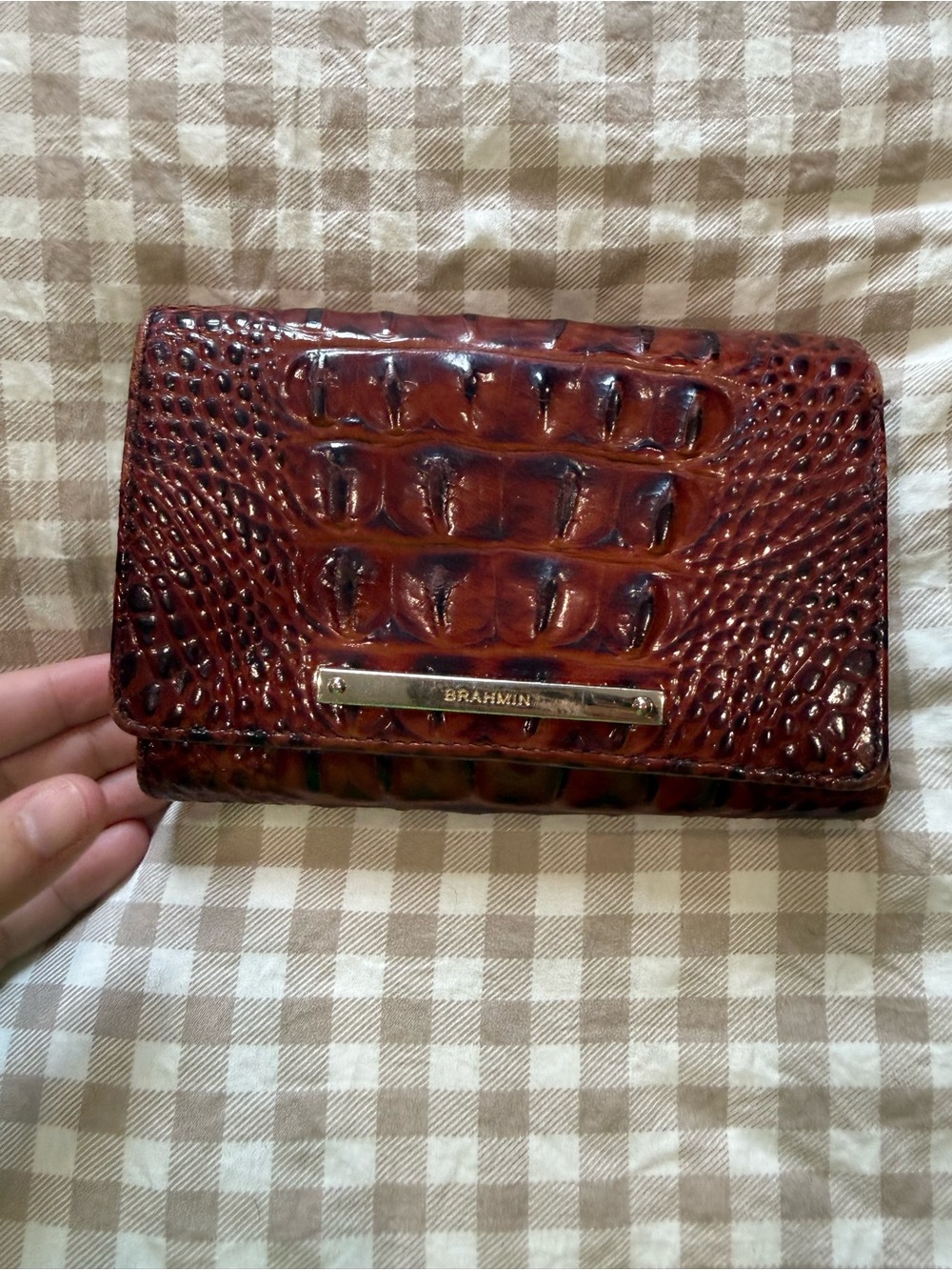 Brahmin Burnished Brown Croc-Embossed Wallet with Gold Plaque in Pecan